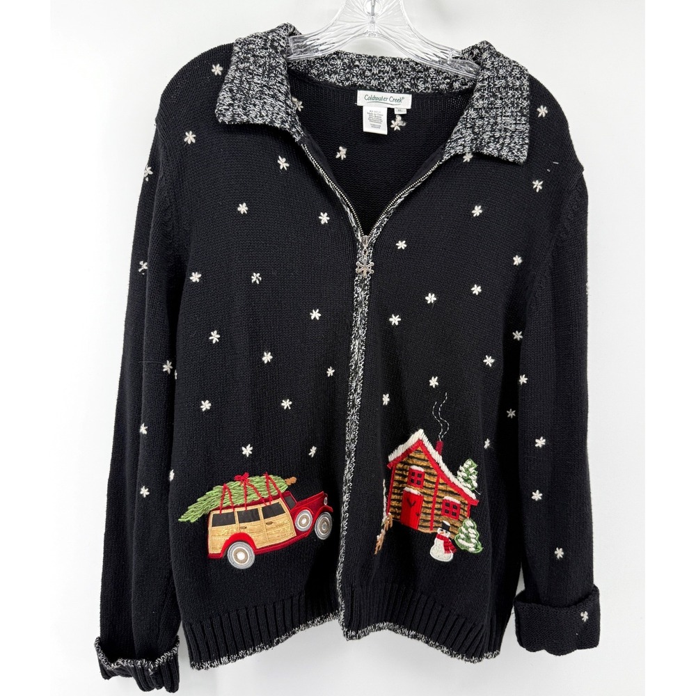 Coldwater Creek Christmas Sweater Womens XL Black Zip Cardigan Cabin Woody Wagon